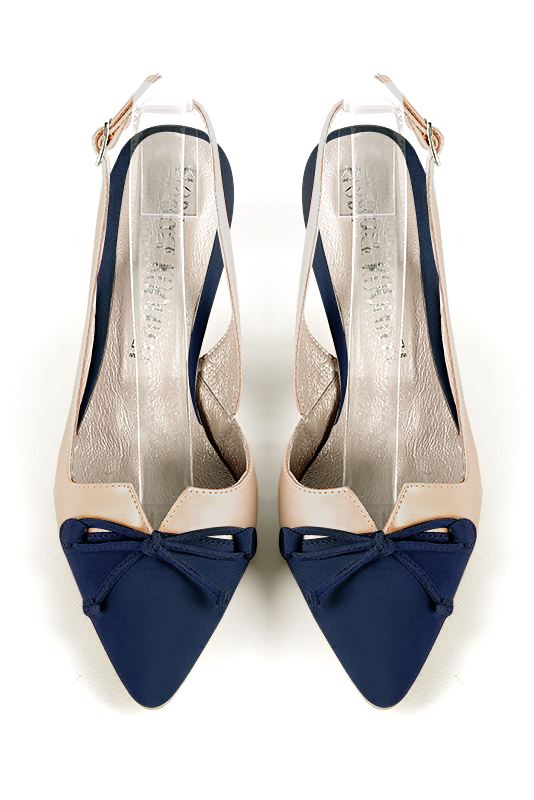 Navy blue and gold women's open back shoes, with a knot. Tapered toe. High slim heel. Top view - Florence KOOIJMAN